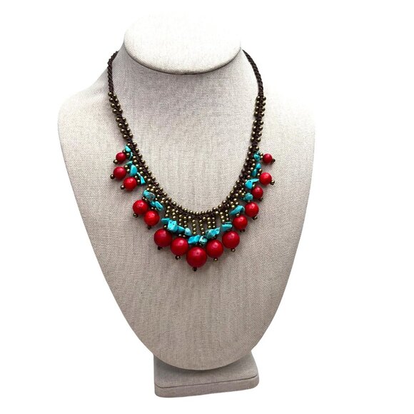 Beaded Bib Statement Necklace Southwestern Tribal Turquoise Red Gold Brown - Picture 1 of 7